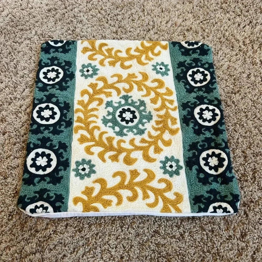 Pier 1 embroidered blue white gold medallion boho pillow cover 16 x 16
